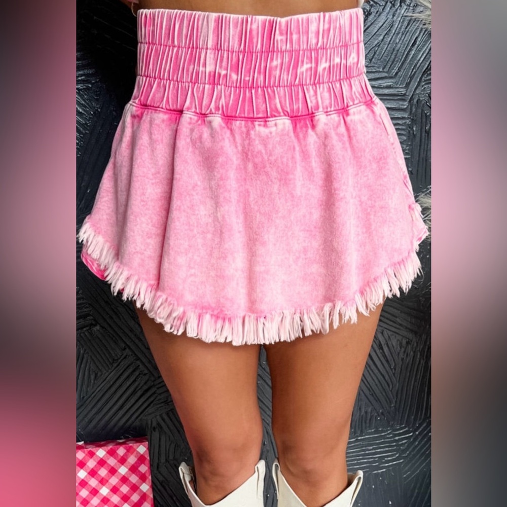 Pink Washed Waistband Frayed Denim Shorts